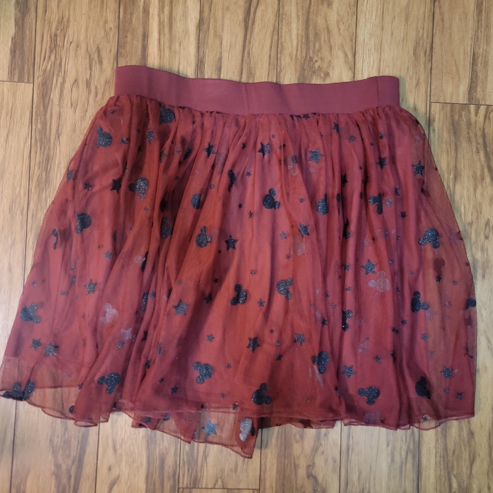 Torrid Cranberry/ Maroon Tulle Skirt with Black Star Details And Mickey Mouse.